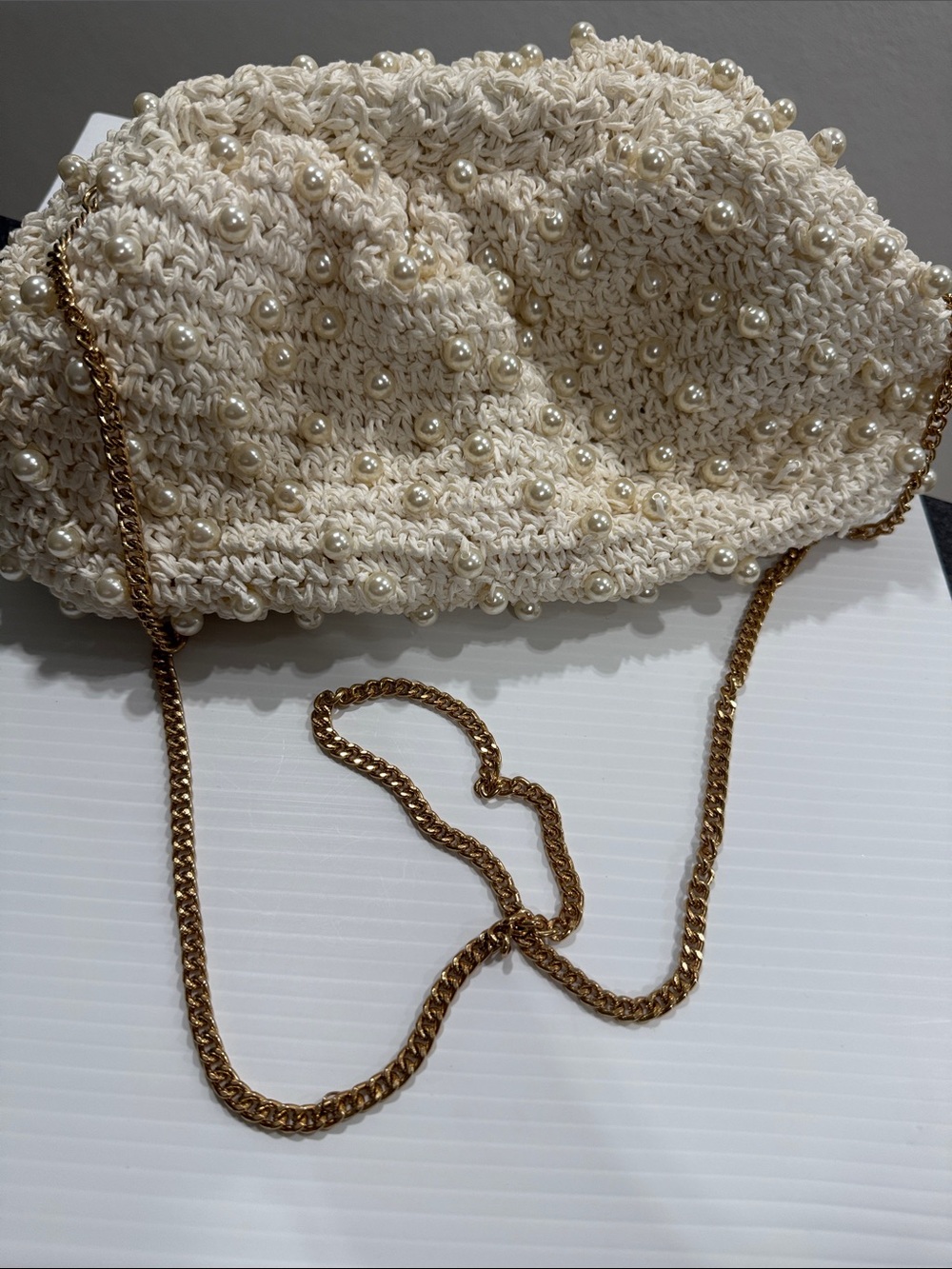 Anthropologie Cream Crochet Pearl-Embellished Clutch with Gold Chain